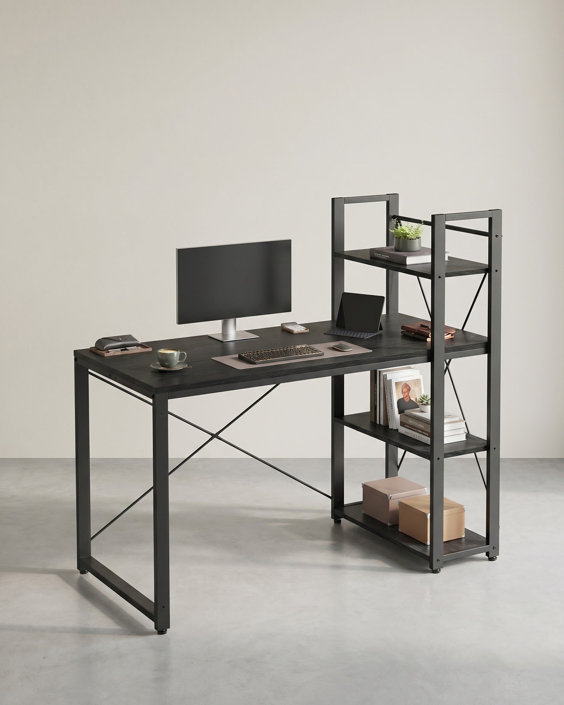 Schreibtisch mit Bücherregal – 120 cm breit – Flexible Regalmontage links oder rechts – Industriedesign – Bis zu 100 kg belastbar