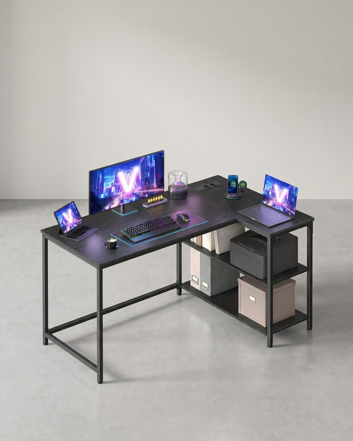 L-förmiger Eckschreibtisch mit Stauraum – Schreibtisch mit Steckdosen – Computertisch fürs Homeoffice