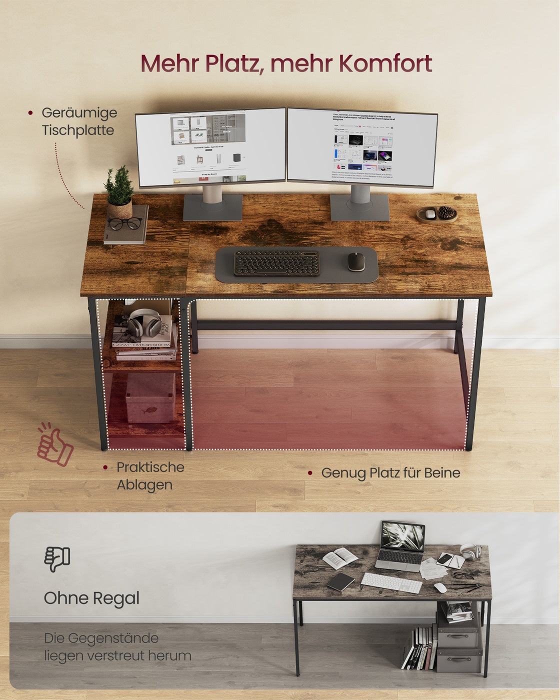Schreibtisch - Computertisch - Schreibtisch mit 2 Ablageflächen rechts oder links - Industriedesign