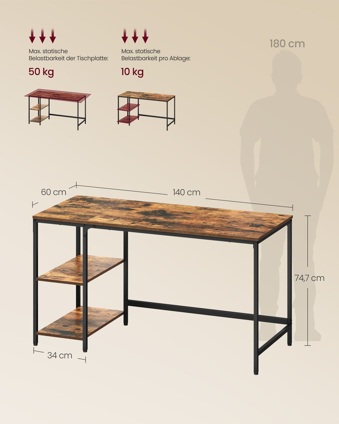 Schreibtisch - Computertisch - Schreibtisch mit 2 Ablageflächen rechts oder links - Industriedesign