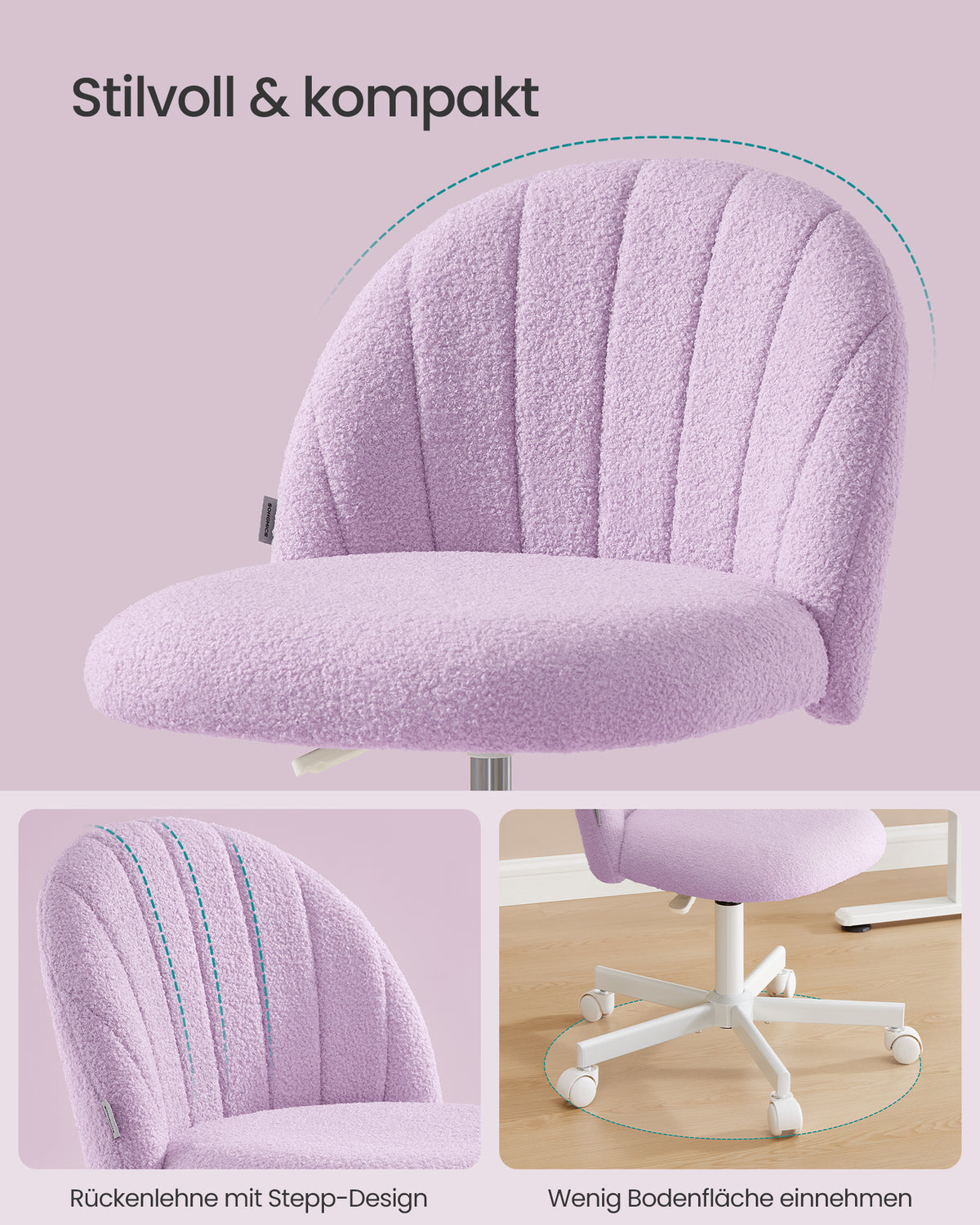 Drehstuhl – Kompaktes Design – Weicher Bezug – Höhenverstellbar – 360°-Rollen – Ergonomische Rückenlehne