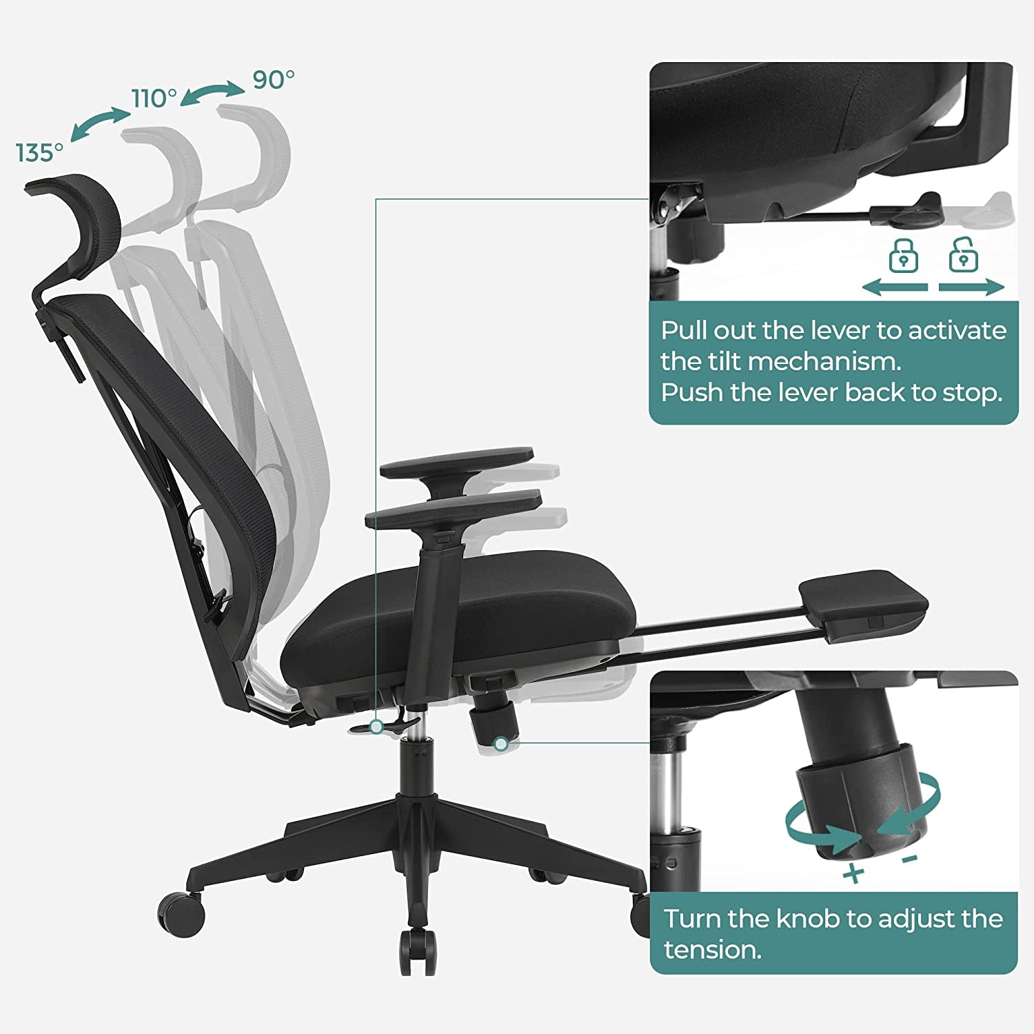 Ergonomischer Bürostuhl mit Fußstütze – Netzrückenlehne – verstellbare Lordosenstütze und Kopfstütze – 150 kg belastbar