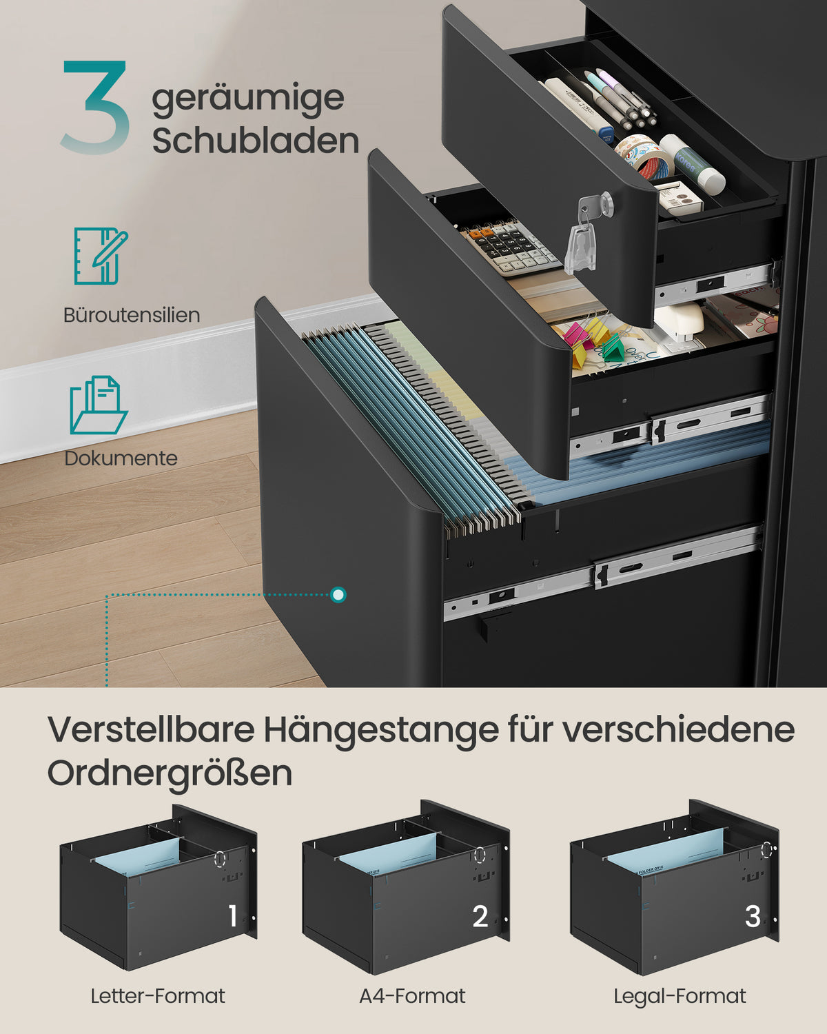 Aktenschrank mit 3 Schubladen - Schubladenelement - Schrank mit Rollen