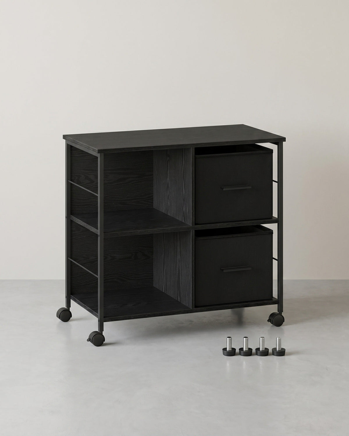 Rollschrank – Büroschrank mit 2 Stoffschubladen und offenen Fächern – Industriestil