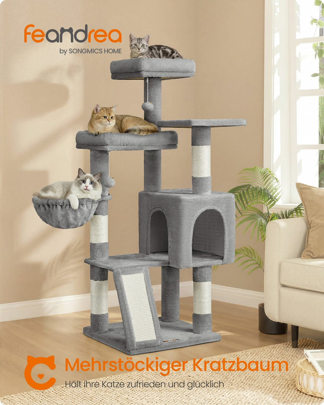 Kratzbaum 136 cm – 3 Plattformen + 4 Sisalstangen + Gemütliche Höhle – Katzenturm Für Mehrere Katzen
