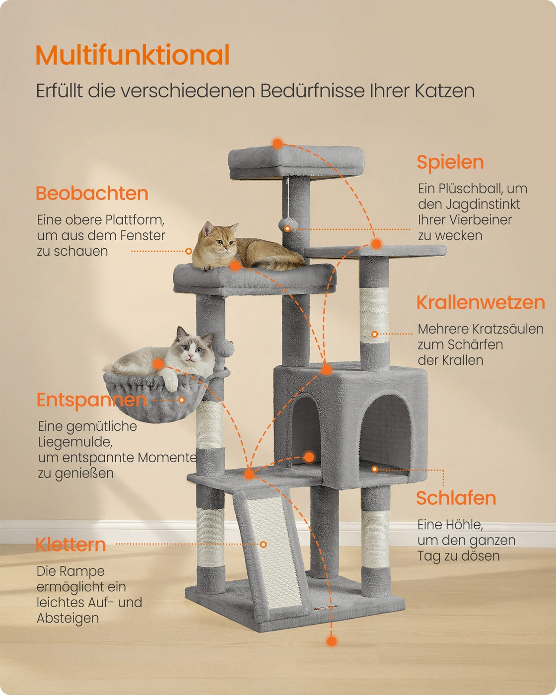 Kratzbaum 136 cm – 3 Plattformen + 4 Sisalstangen + Gemütliche Höhle – Katzenturm Für Mehrere Katzen