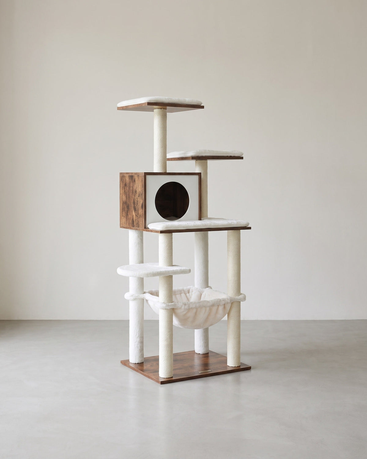 Katzenkratzbaum mit Hängematte und Katzenhaus – Modernes Design in Grau und Weiß – Komfortables und langlebiges Spielparadies