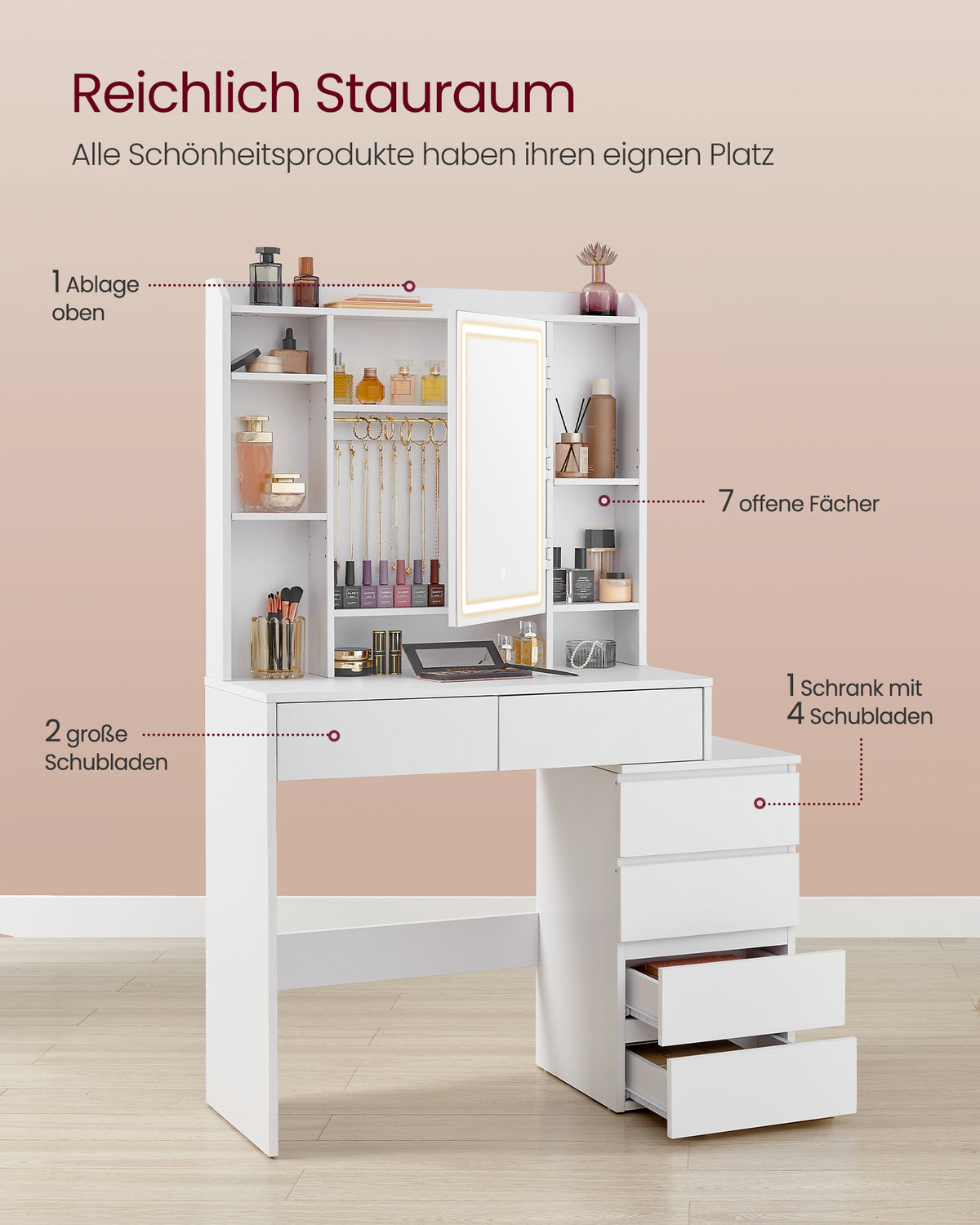 Schminktisch mit LED-Beleuchtung und viel Stauraum – Modern und Praktisch