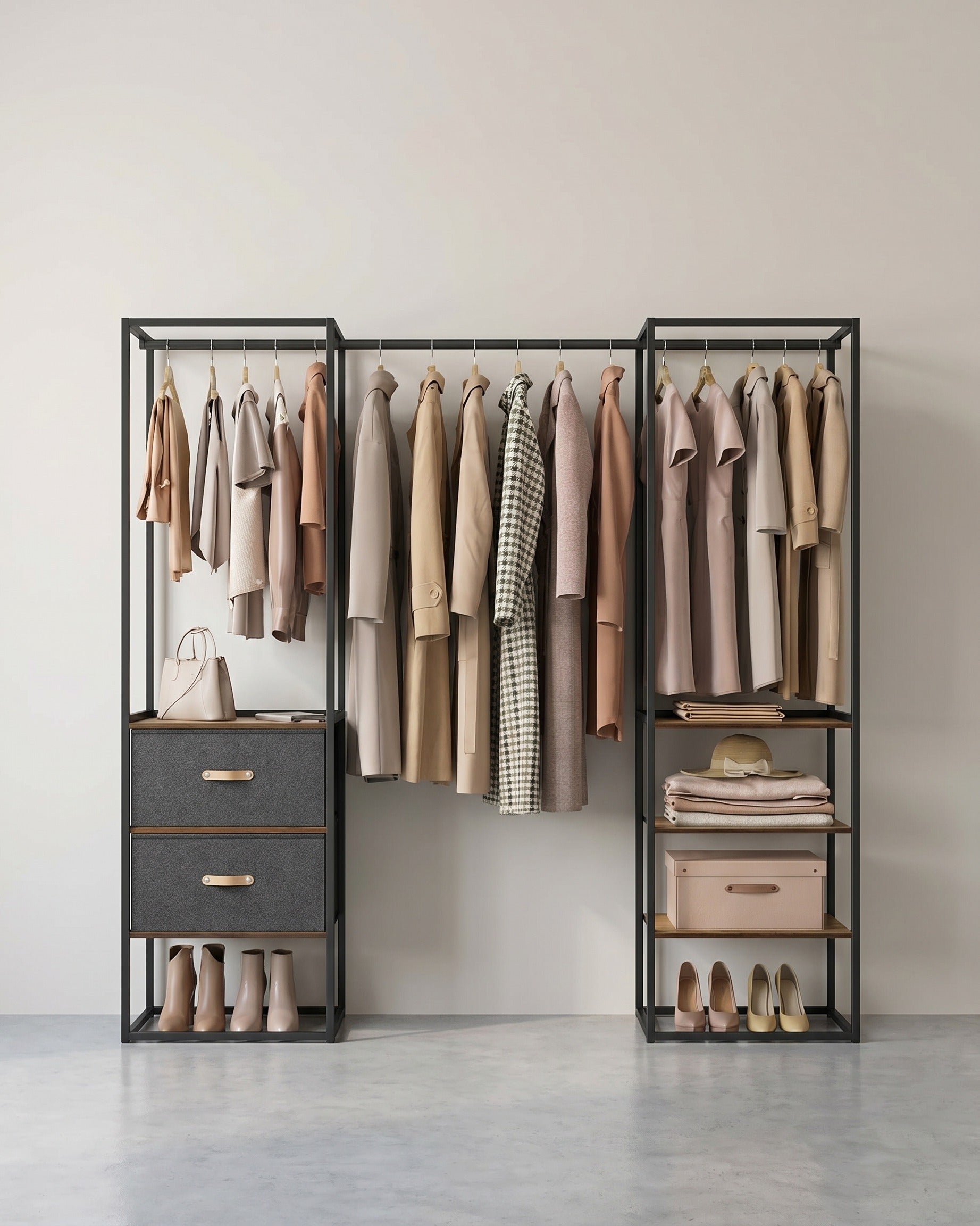 Kleiderschrank mit ausziehbarer Kleiderstange und Schubladen – multifunktional – verstellbare Aufteilung