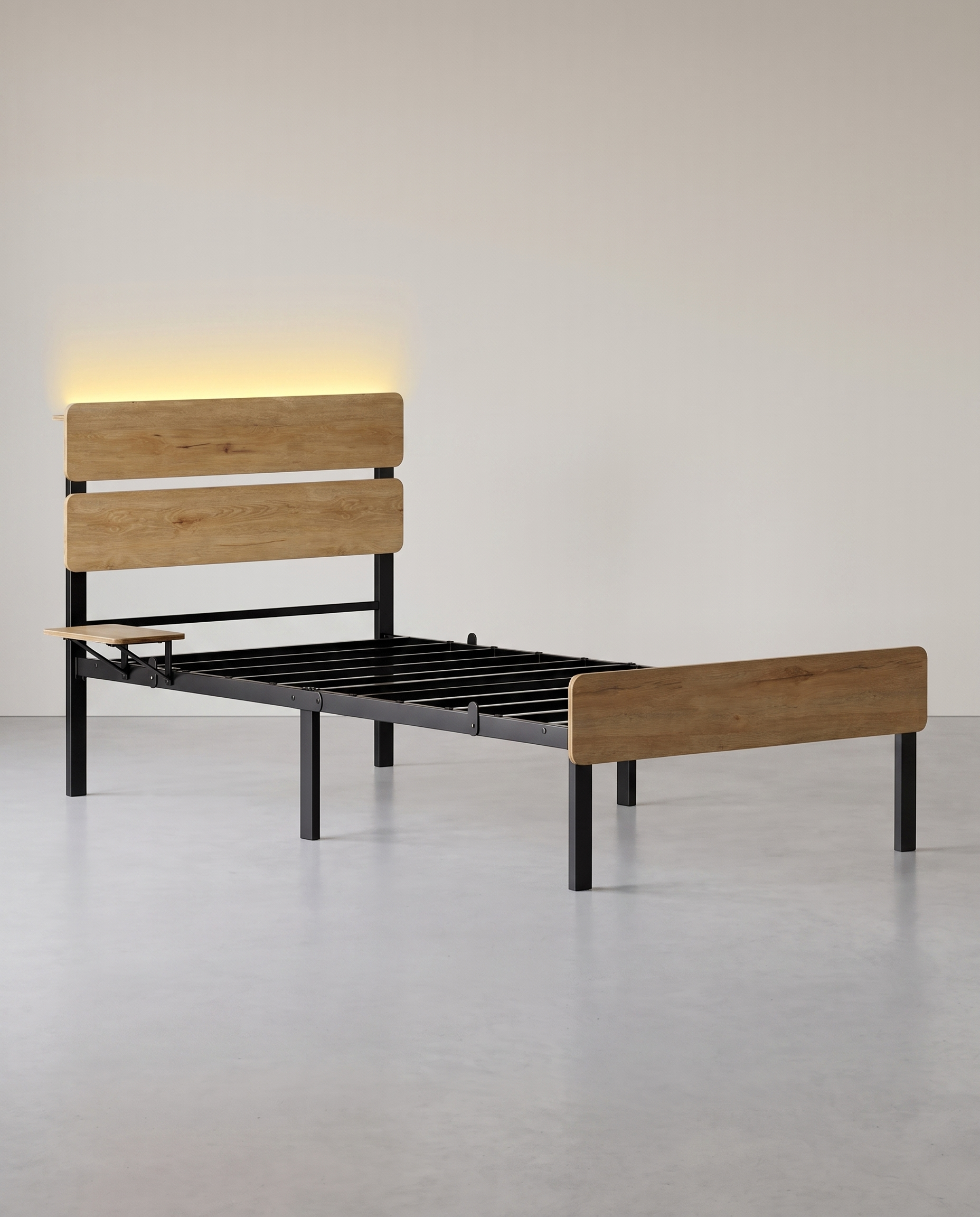 Metallbettgestell mit LED-Beleuchtung und Ladestation – Industriedesign – USB-A und USB-C – mit Stauraum unter dem Bett
