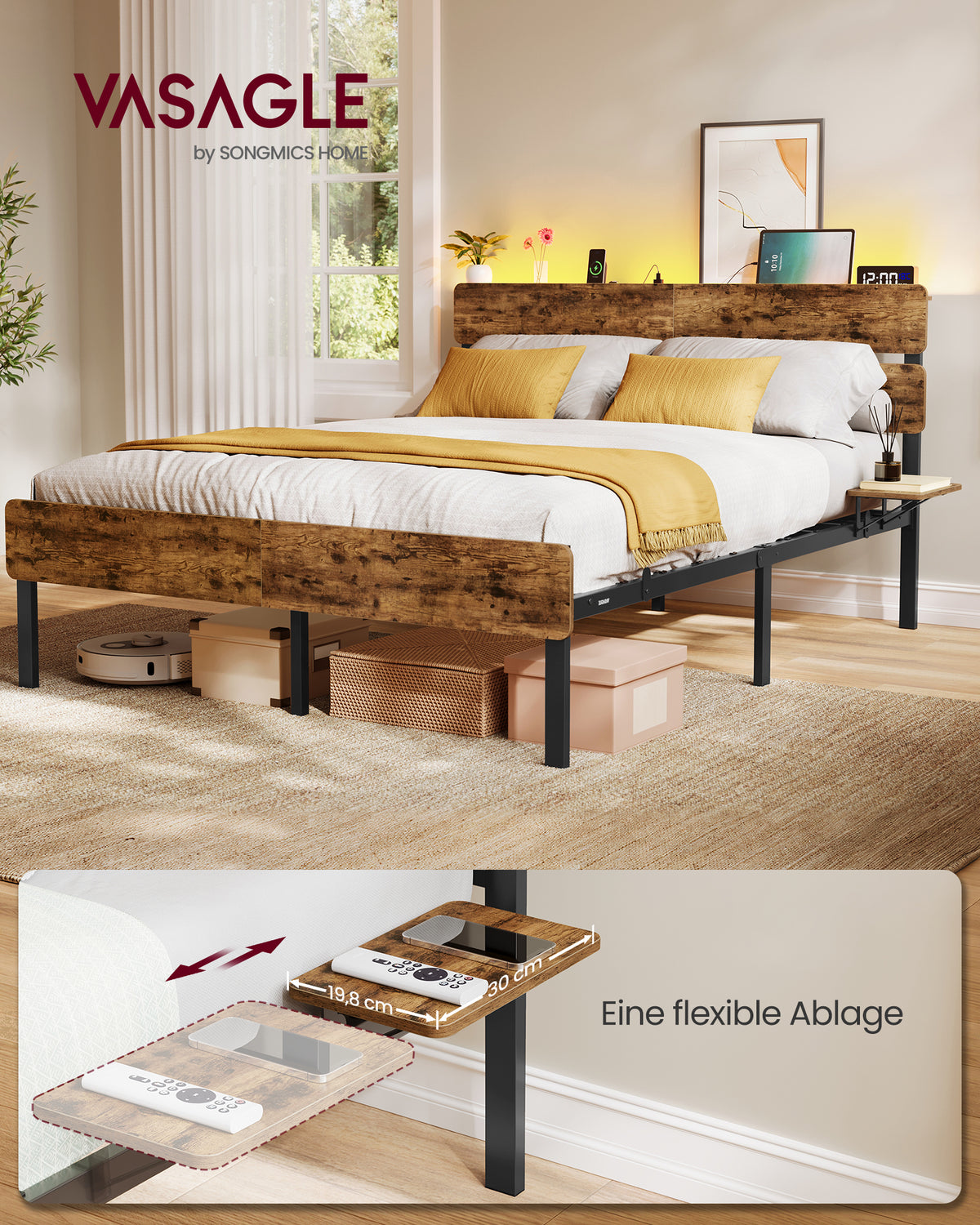 Metallbettgestell mit LED-Beleuchtung und Ladestation – Industriedesign – USB-A und USB-C – mit Stauraum unter dem Bett