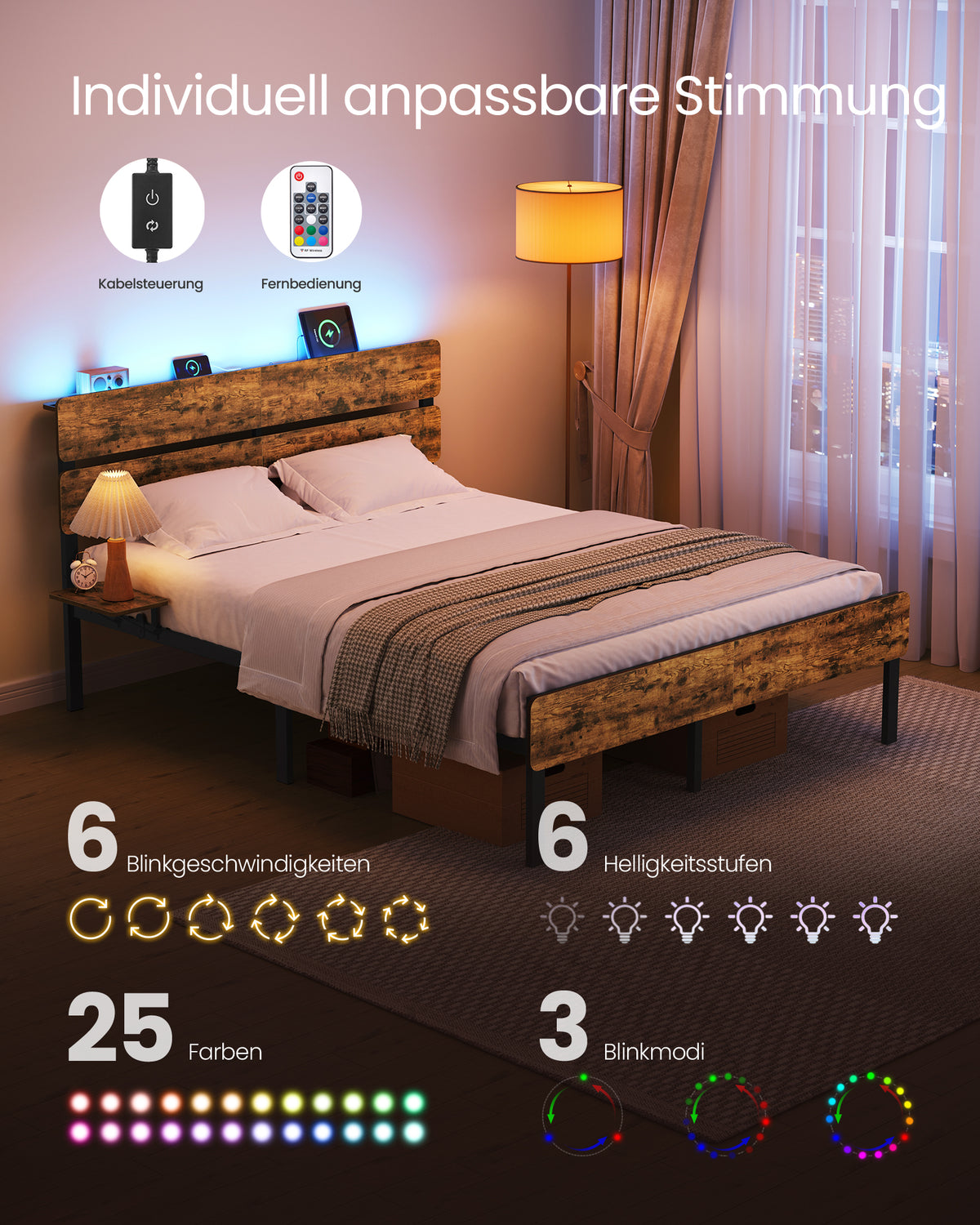 Metallbettgestell mit LED-Beleuchtung und Ladestation – Industriedesign – USB-A und USB-C – mit Stauraum unter dem Bett