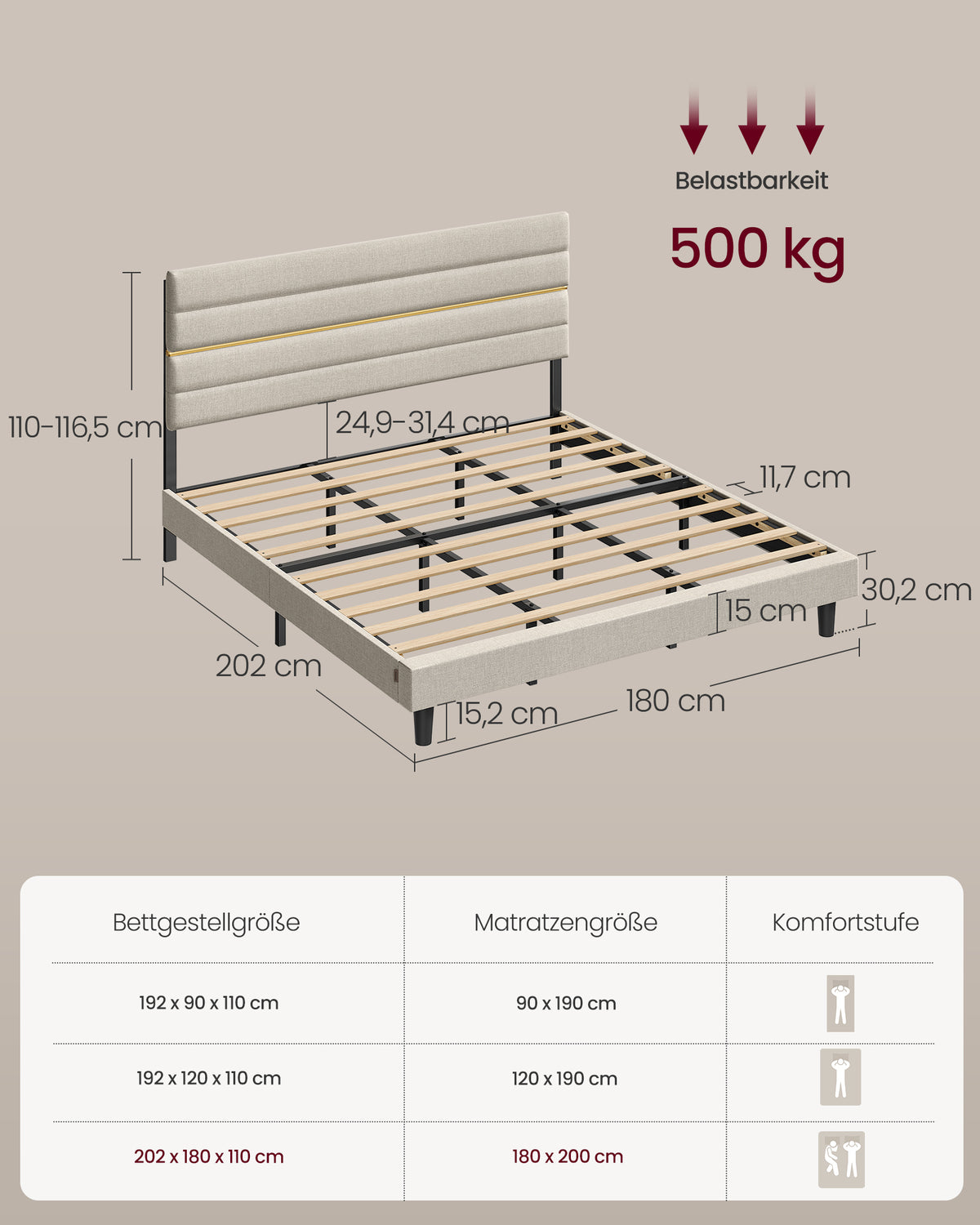Gepolstertes Bettgestell – Cappuccino-Beige – Verstellbares Kopfteil – Konstruktion aus Metall und Massivholz – 160 oder 180 cm