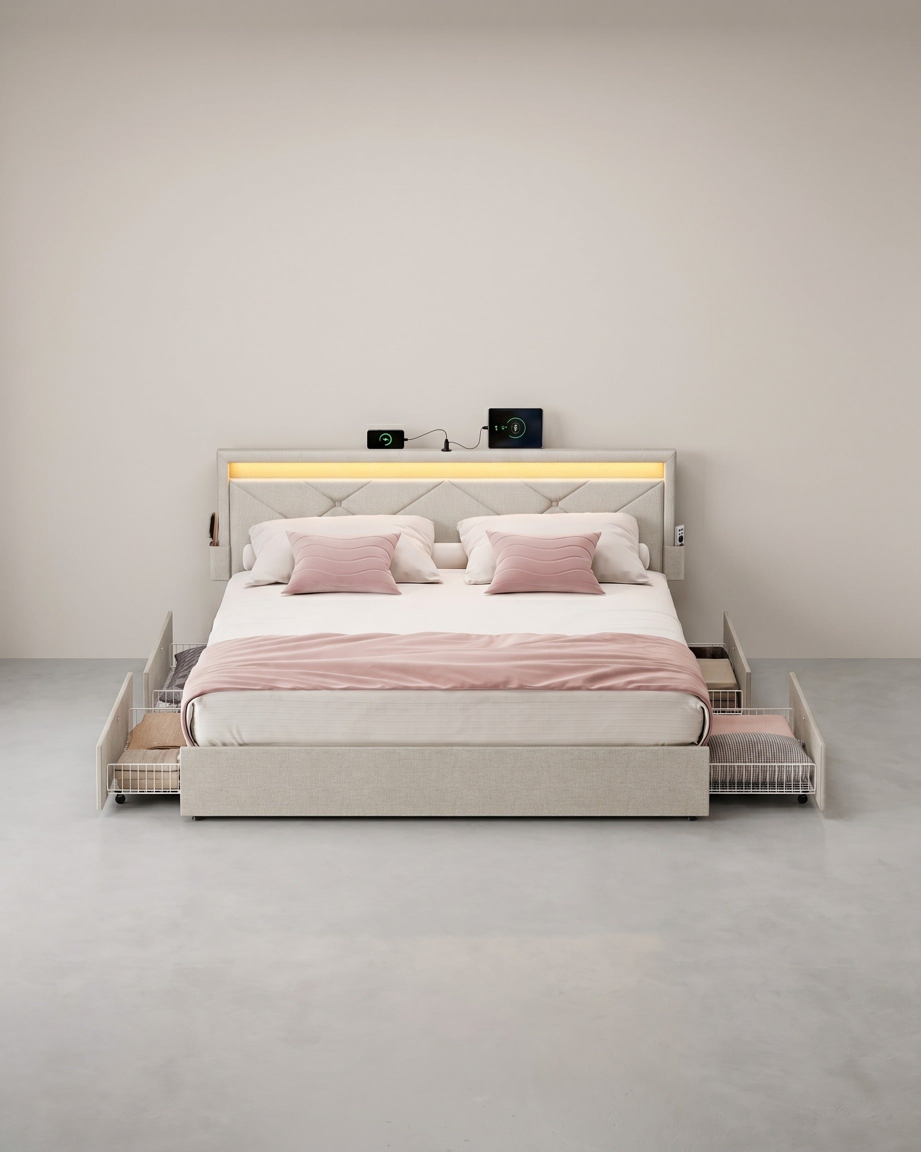 Luxuriöser LED-Boxspring mit USB-A- und USB-C-Anschluss – Schubladen mit Stauraum – Verstellbares Kopfteil – Cappuccino-Beige – Stabiles und funktionales Design