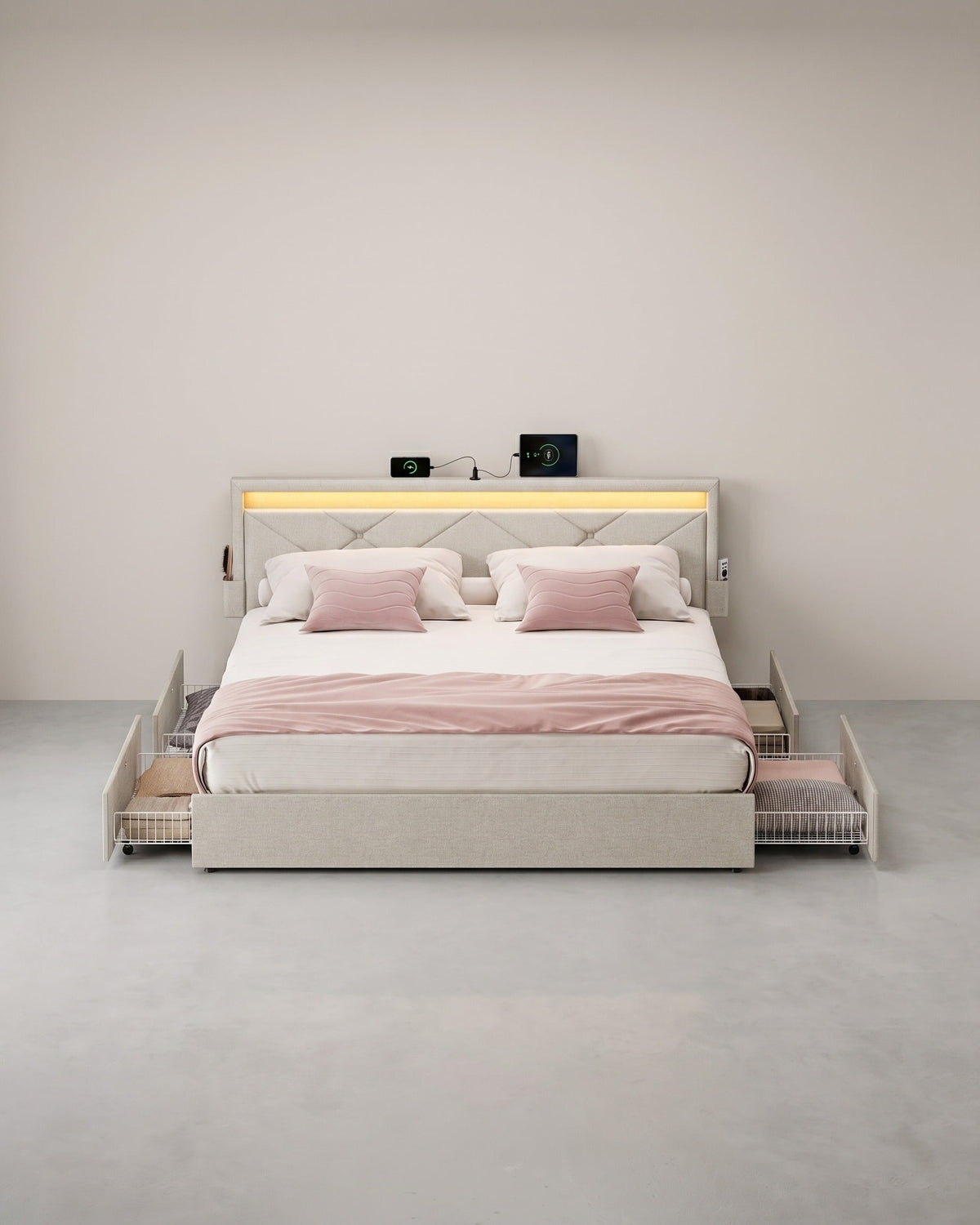 Luxuriöser LED-Boxspring mit USB-A- und USB-C-Anschluss – Schubladen mit Stauraum – Verstellbares Kopfteil – Cappuccino-Beige – Stabiles und funktionales Design