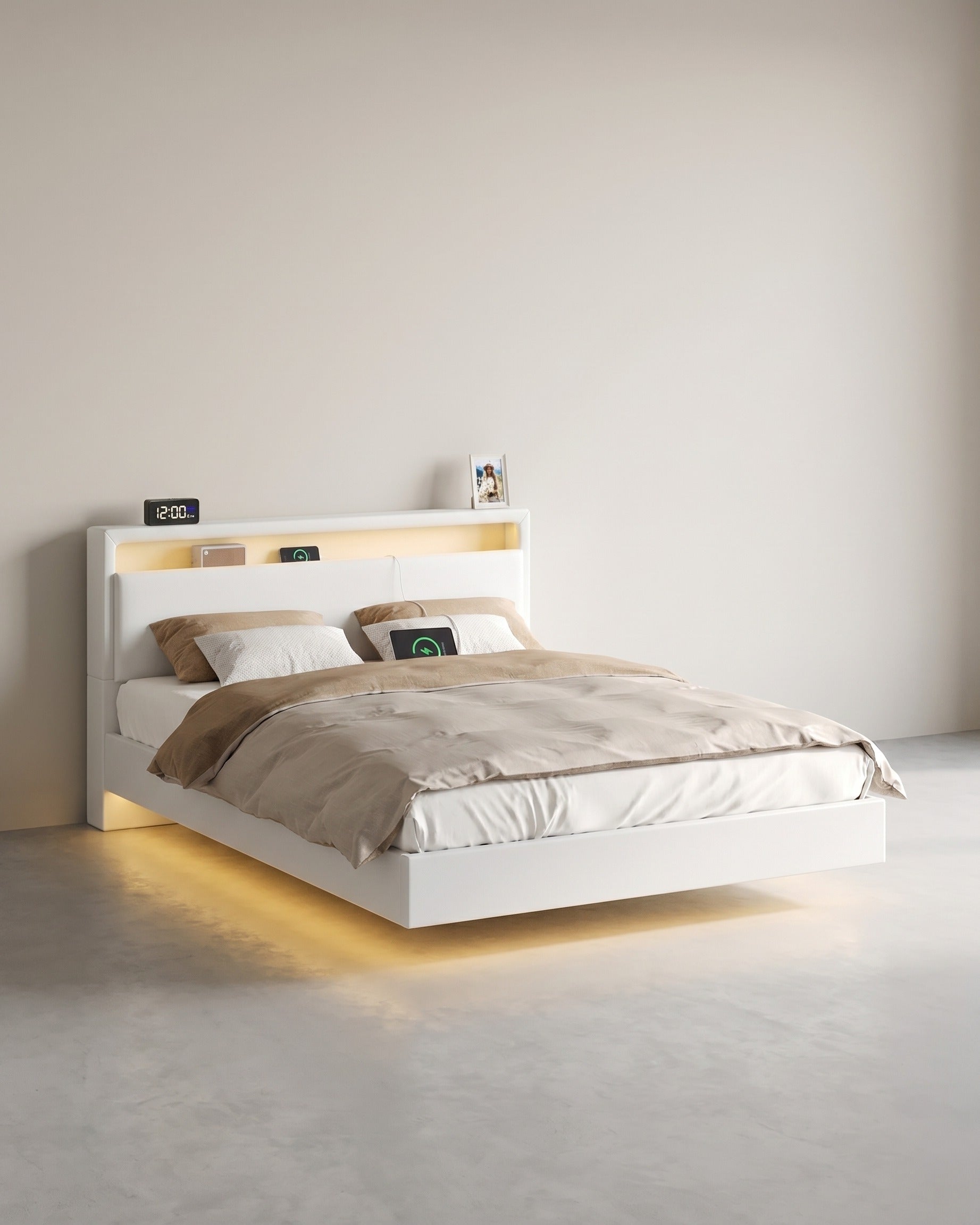 Moderner Bettrahmen mit Schwebeeffekt und LED-Beleuchtung - Integrierter USB-Anschluss