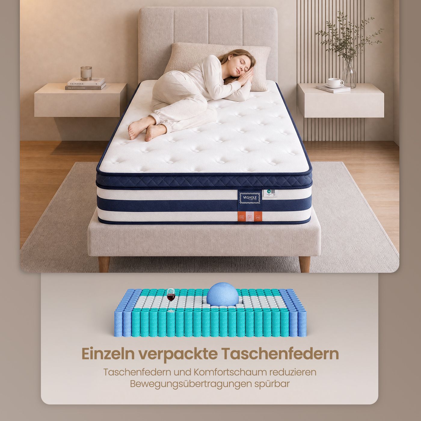 Taschenfederkernmatratze Mit Gel-Memoryschaum - 7 Zonen Mittelfest H3 - Mit Kühlender Deckschicht