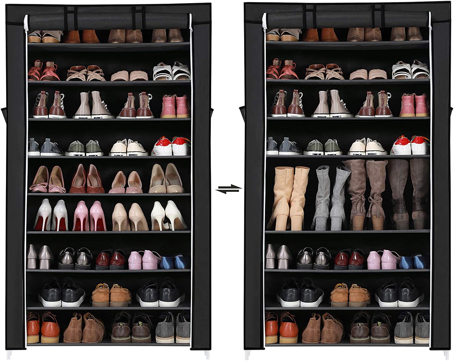 Schuhschrank mit Stoffbezug – 10 Ebenen – Für 45 Paar Schuhe – Mit Reißverschlusstür und Seiten