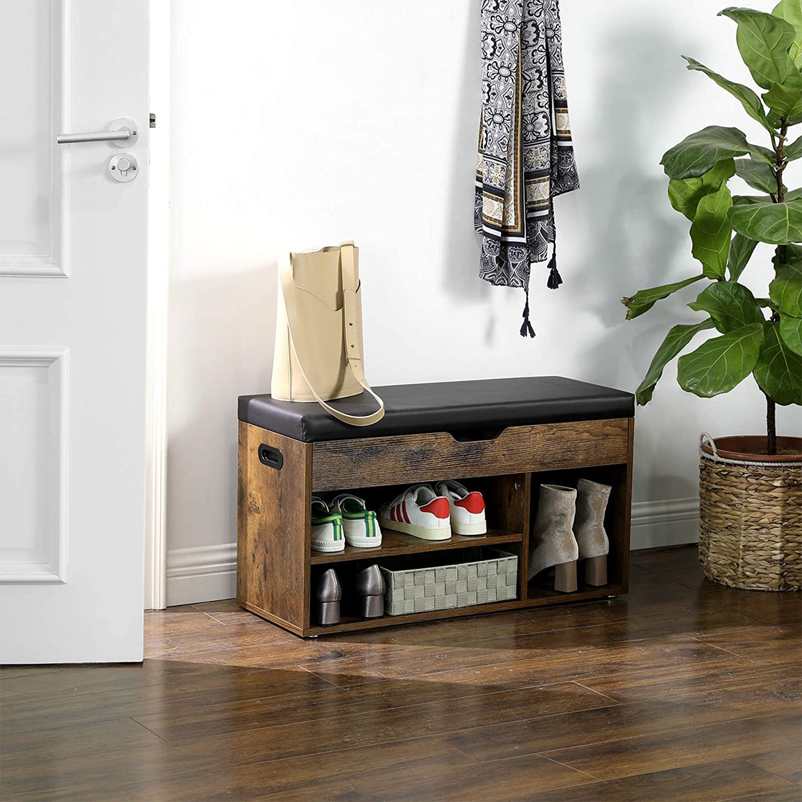 Schuhbank mit Stauraum – Schuhregal mit Kissen – Aufbewahrungsbank für den Flur – 80 x 30 x 44 cm