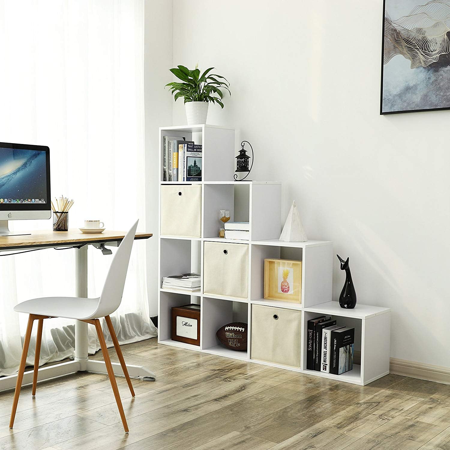 Bücherregal mit 10 Fächern – Raumteiler – Aufbewahrungsschrank – 129,5 x 29 x 129,5 cm – Weiß