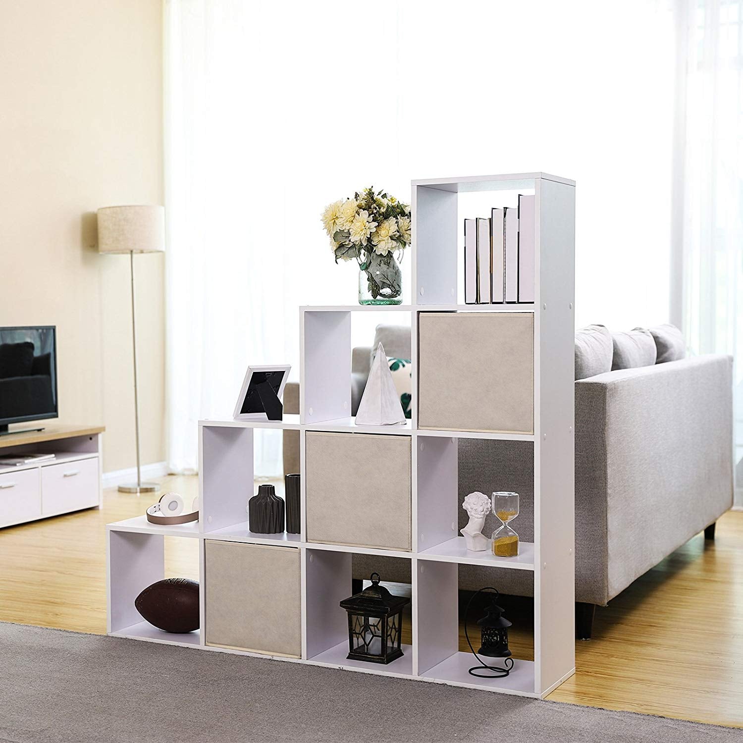 Bücherregal mit 10 Fächern – Raumteiler – Aufbewahrungsschrank – 129,5 x 29 x 129,5 cm – Weiß