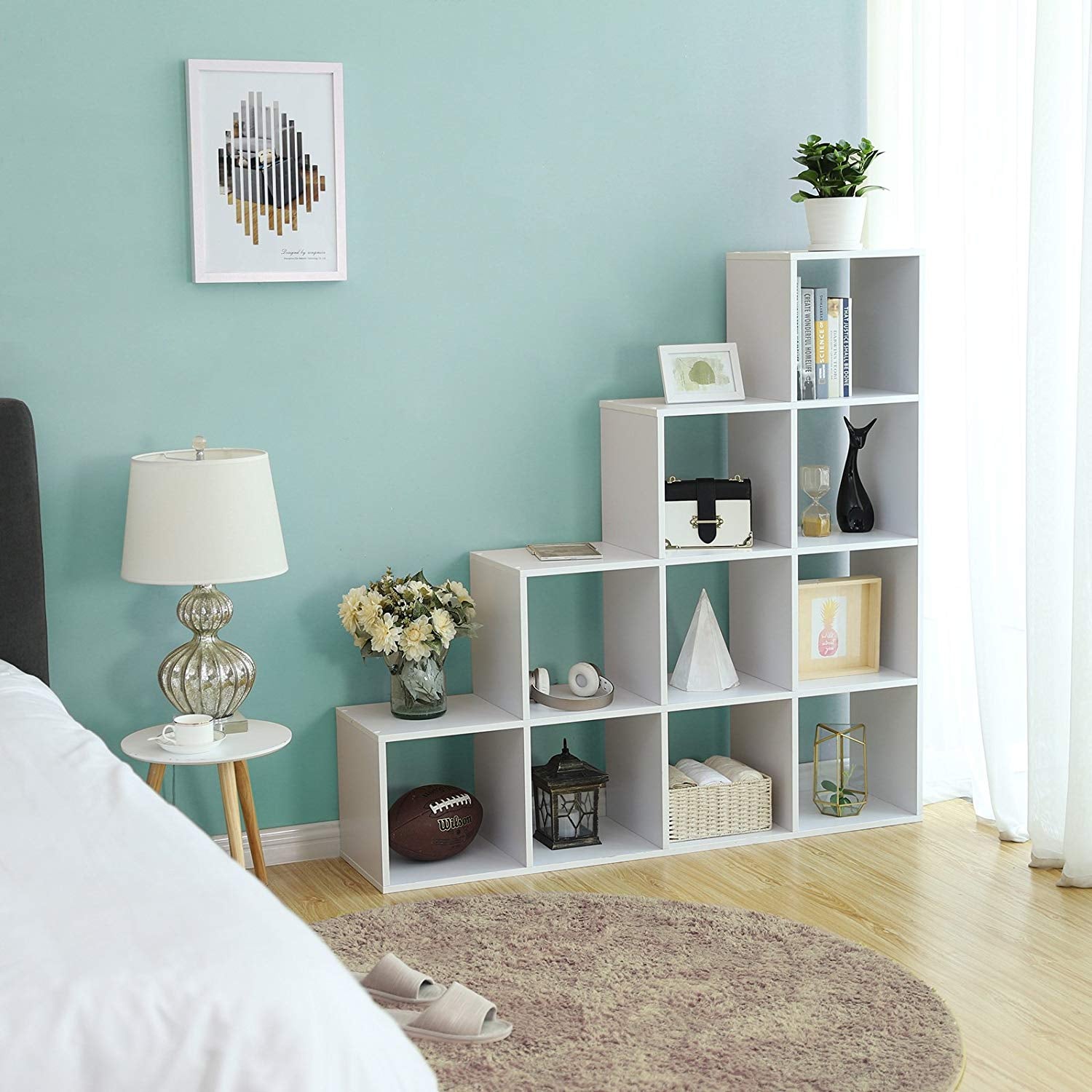 Bücherregal mit 10 Fächern – Raumteiler – Aufbewahrungsschrank – 129,5 x 29 x 129,5 cm – Weiß