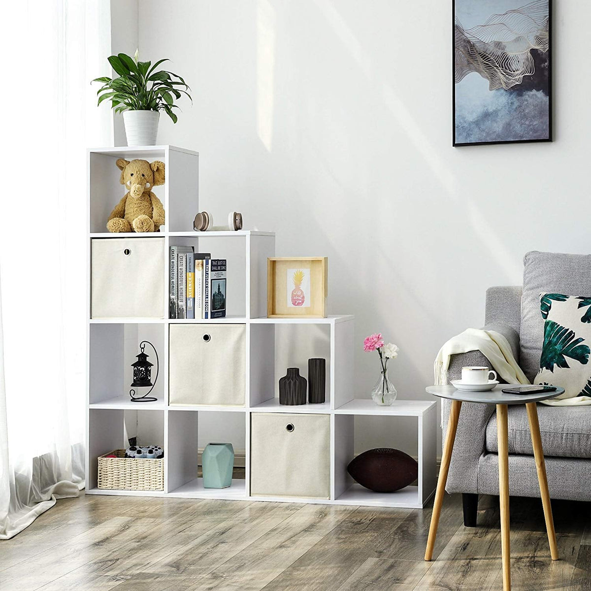 Bücherregal mit 10 Fächern – Raumteiler – Aufbewahrungsschrank – 129,5 x 29 x 129,5 cm – Weiß
