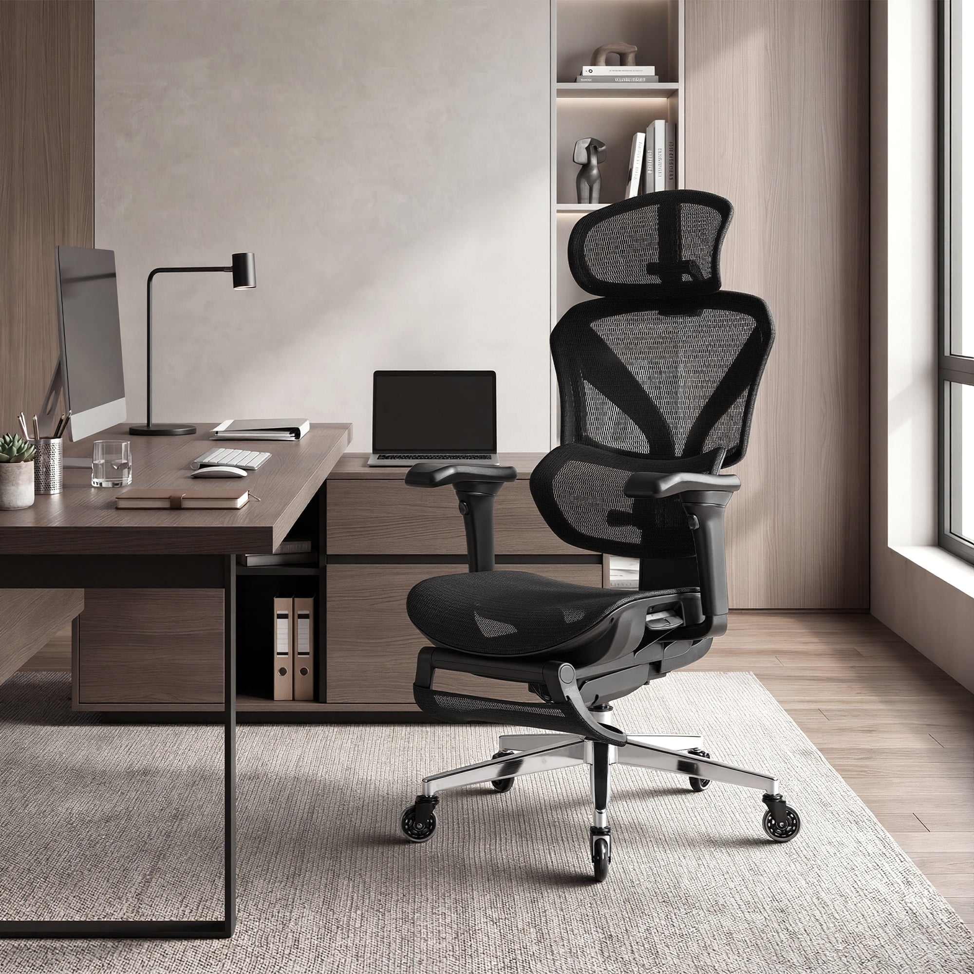 Ergonomischer Bürostuhl Mit Doppelter Rückenlehne - 3D-Kopfstütze Und 4D-Armlehnen - Mit Ausklappbarer Fußstütze