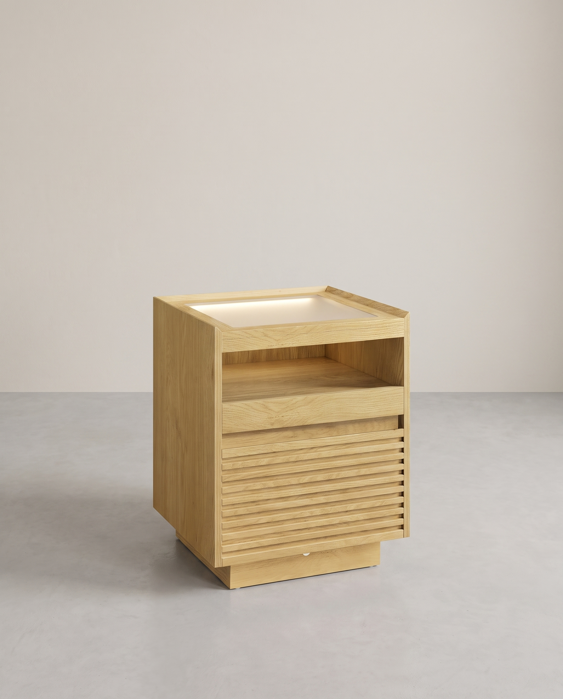 Nachttisch mit LED-Beleuchtung – Schublade & ausziehbare Ablage – Lamellen-Design – Natureiche
