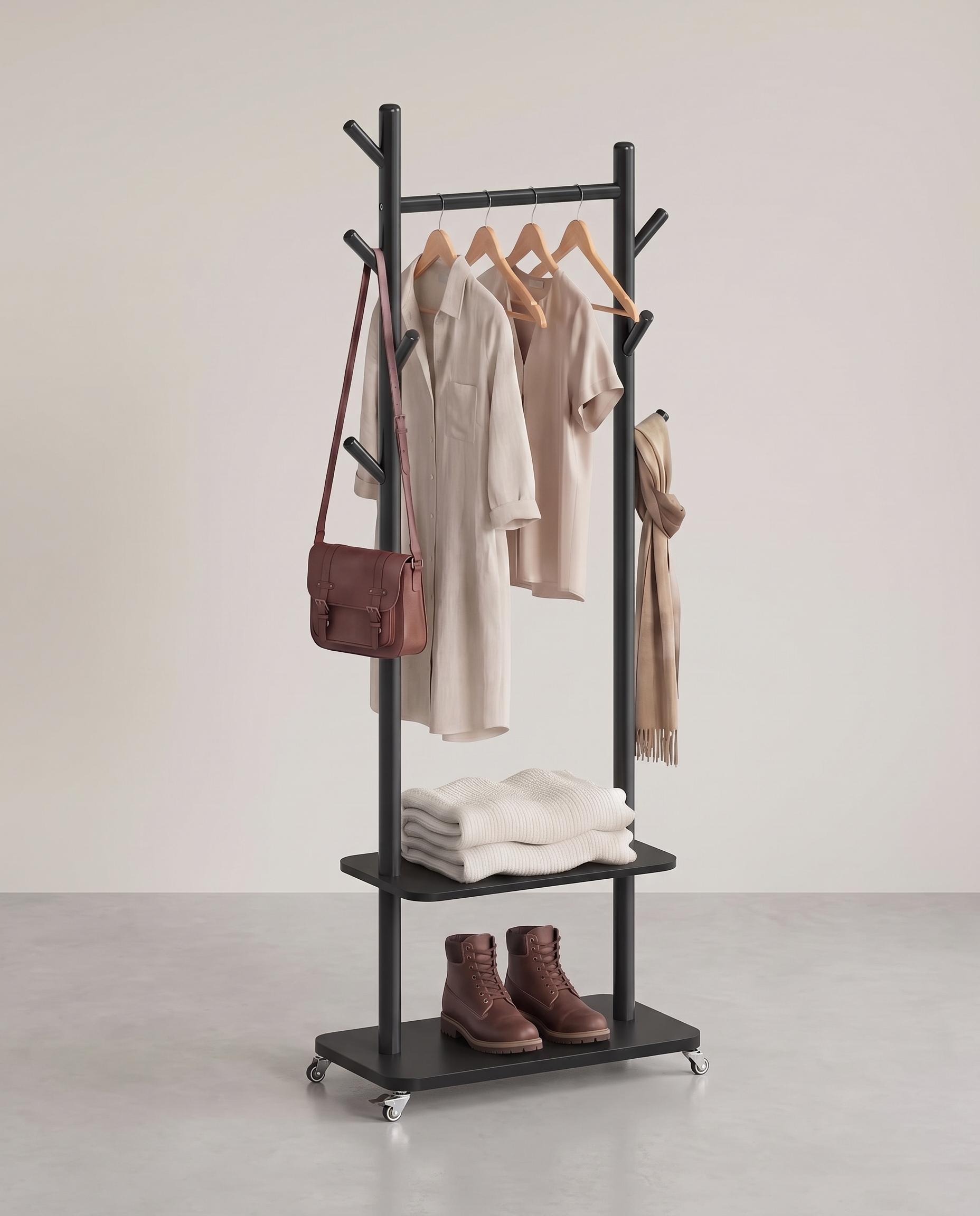 Garderobenständer aus Massivholz auf Rollen – 7 Haken, Kleiderstange & 2 Ablagen – 178 cm