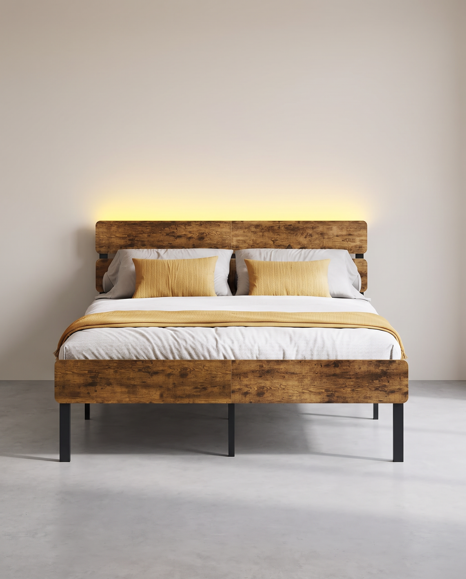 Metallbettgestell mit LED-Beleuchtung und Ladestation – Industriedesign – USB-A und USB-C – mit Stauraum unter dem Bett
