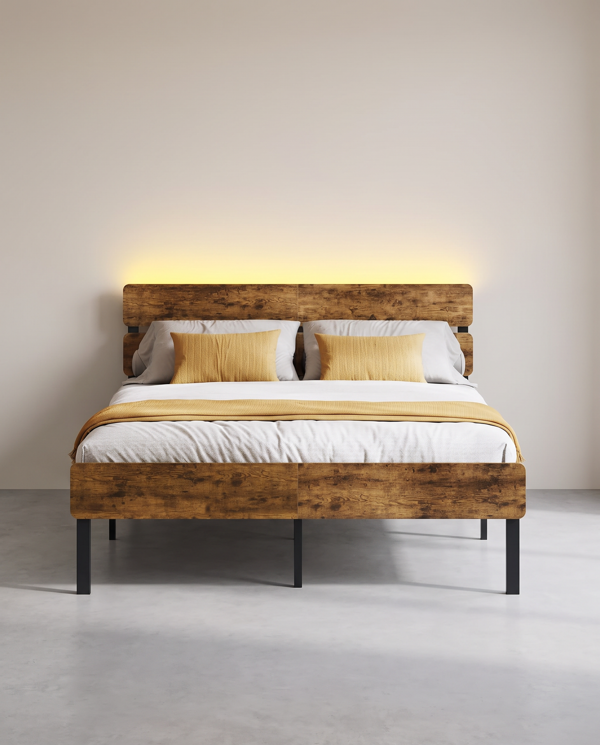 Metallbettgestell mit LED-Beleuchtung und Ladestation – Industriedesign – USB-A und USB-C – mit Stauraum unter dem Bett